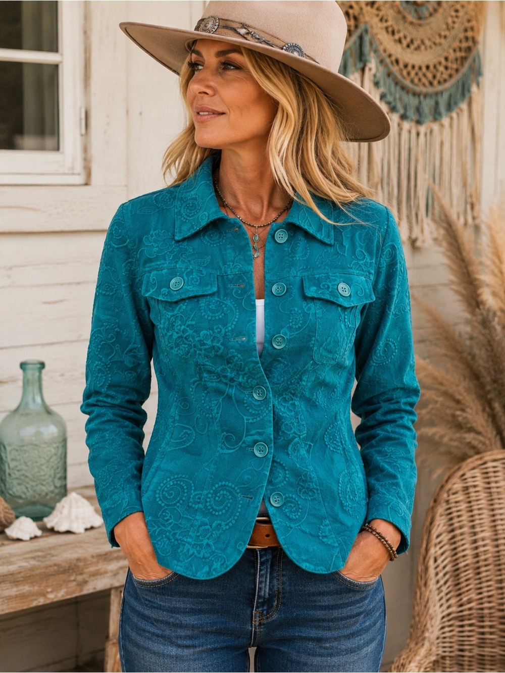Analogy Teal Embroidered Cotton Blazer Boho Jacket Small